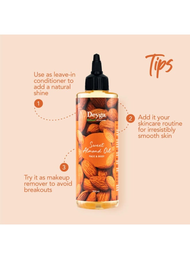 Deyga Sweet Almond Drops Oil | 100% Pure & Natural | Vitamin E Nourishment | Non-Sticky Formula 200ml - Image 3